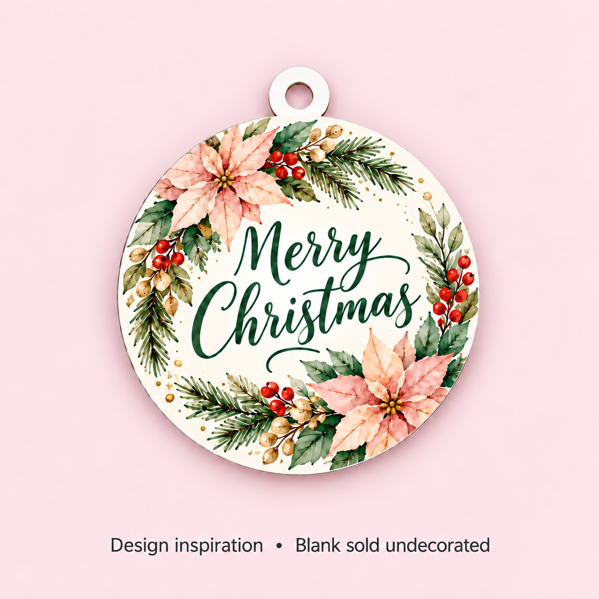 Decorated circle ornament example with green Merry Christmas lettering, pink poinsettias, greenery, and red berries. Blank sold undecorated.