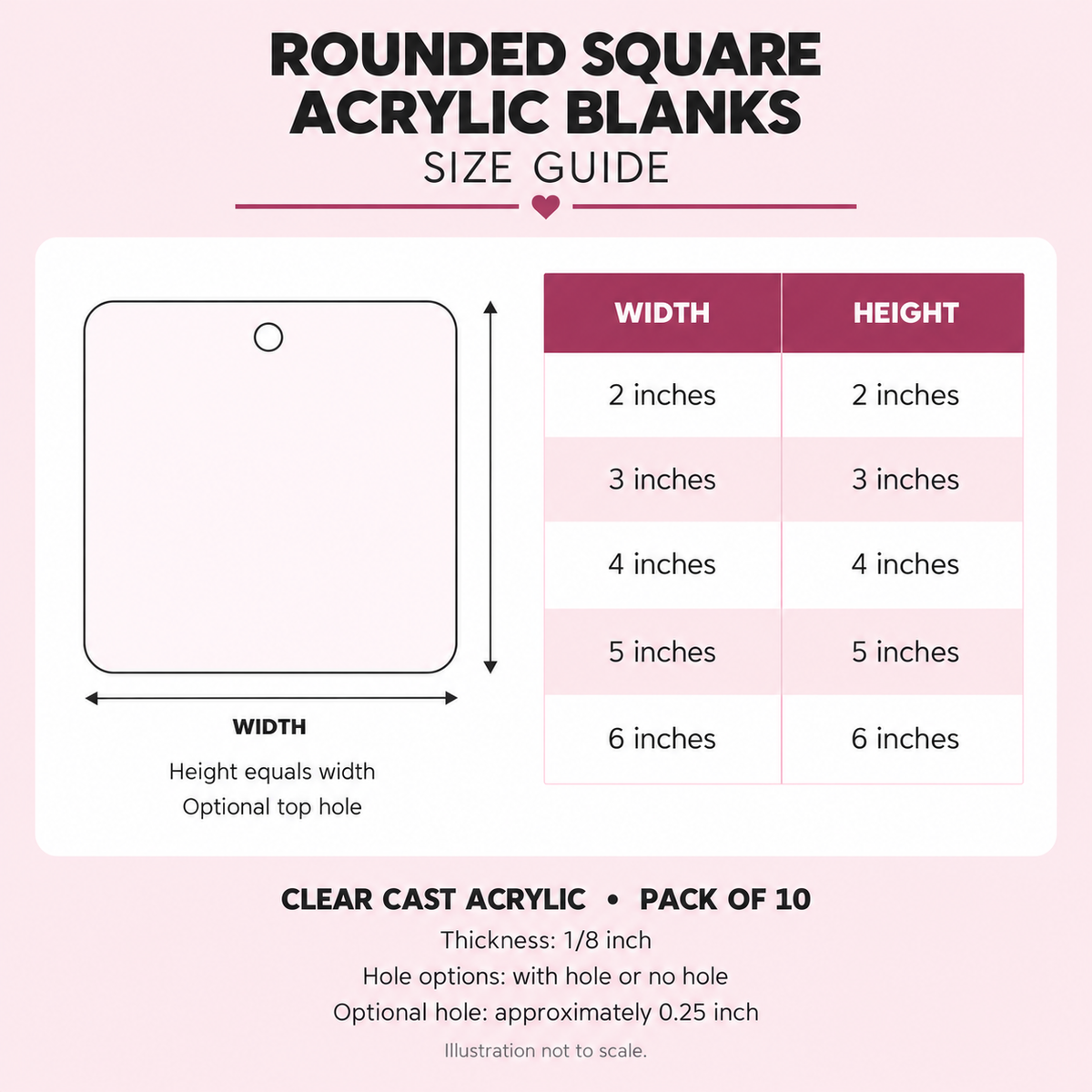 Rounded square acrylic blank size guide showing equal widths and heights from 2 to 6 inches; 1/8-inch clear cast acrylic, pack of 10.