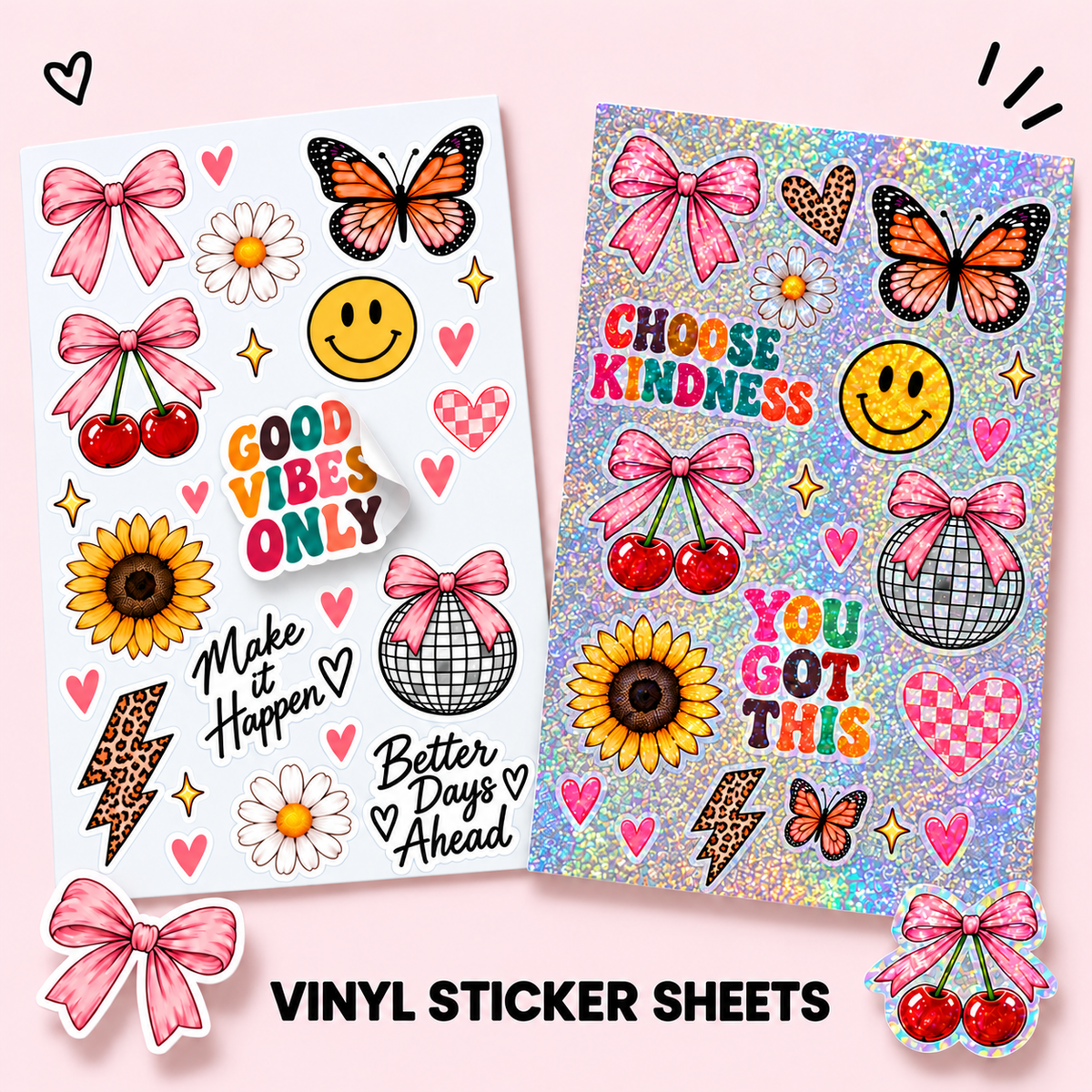 White and holographic vinyl sticker gang sheets with pink bows, cherries, butterflies, flowers, smileys, and colorful lettering.
