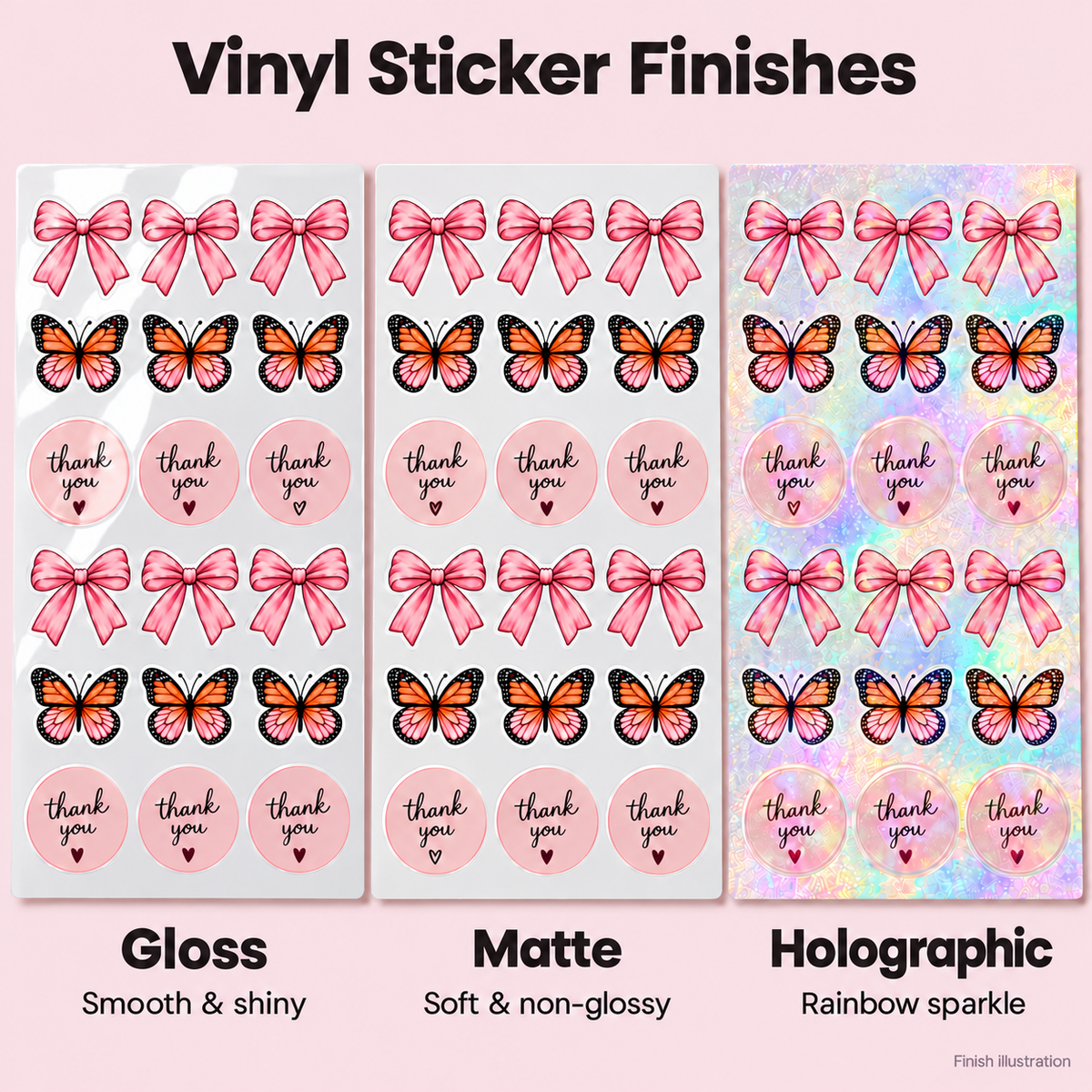 Vinyl sticker finish comparison: shiny gloss, non-glossy matte, and rainbow holographic sheets with bow, butterfly, and thank-you designs.